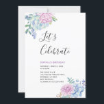 Convites Festa de Aniversário de Adulto de Verão com Sucule<br><div class="desc">Celebre seu dia especial com este convite de festa tropical que apresenta tipografia simples e elegante,  flor de suculentas e padrão. Este modelo de design é totalmente personalizável.</div>