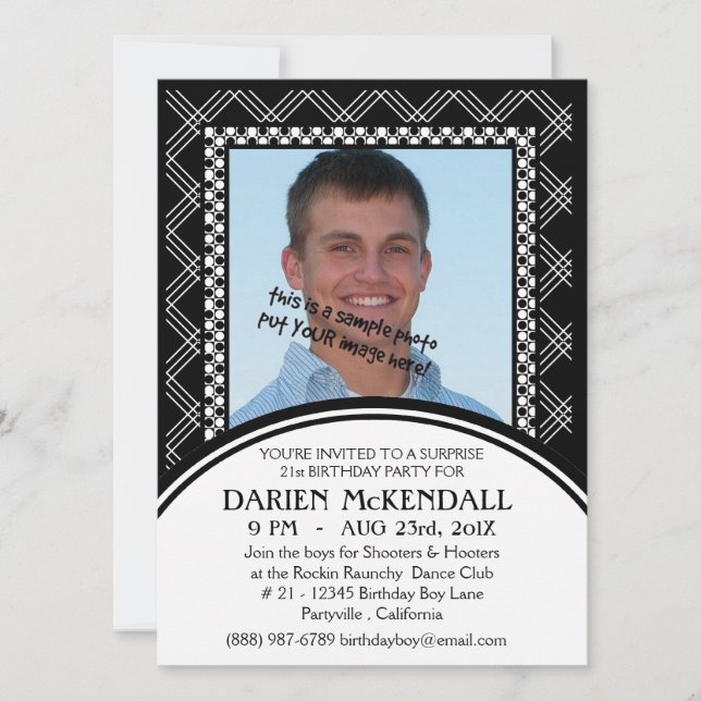 Convites Festa de aniversário de Adultos Modernos Preto e B (Frente)