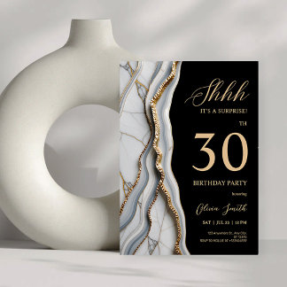 Convites Festa de Aniversário de Ágata Preta e Dourada Eleg