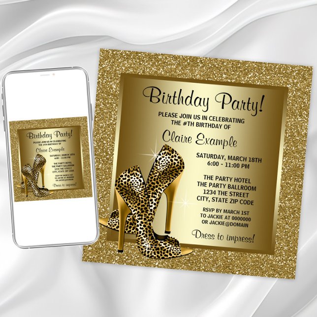 Convites Festa de aniversário de alto-nível do leopardo pre (Elegant gold leopard shoe any occasion invitation. Instant download & printed invitations available.)