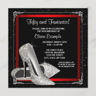 Convites Festa de aniversário de alto salto preto e vermelh