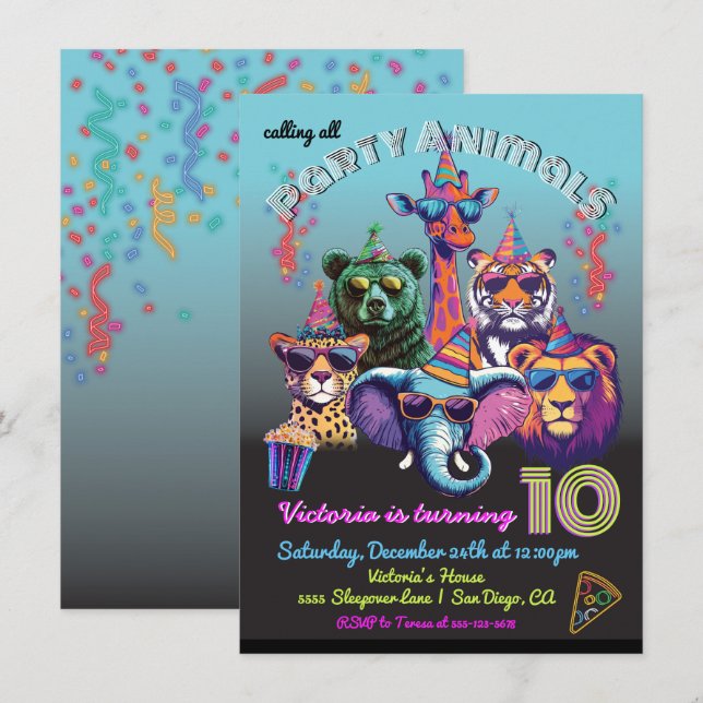 Convites Festa de aniversário de Animais de Festa Neon (Frente/Verso)