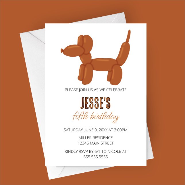 Convites Festa de aniversário de animais do Cachorro Castan (Brown Dog Balloon Animal Birthday Party Invitation)