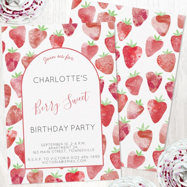 Convites Festa de aniversário de Aquarela de Morango (Strawberry watercolor custom birthday party invitation with digital download and print options)
