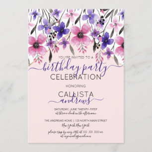 Convites Festa de aniversário de Aquarela Floral Púrpura ro
