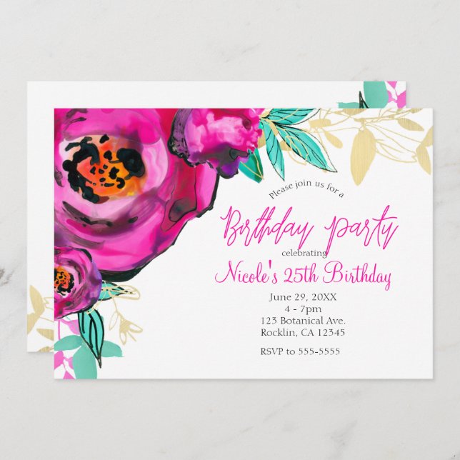 Convites Festa de aniversário de Aquarela Moderna e Rosa Ne (Frente/Verso)