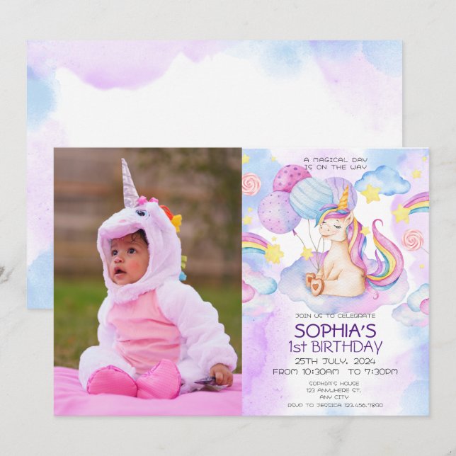 Convites Festa de aniversário de Aquarela Púrpura de Unicór (Frente/Verso)