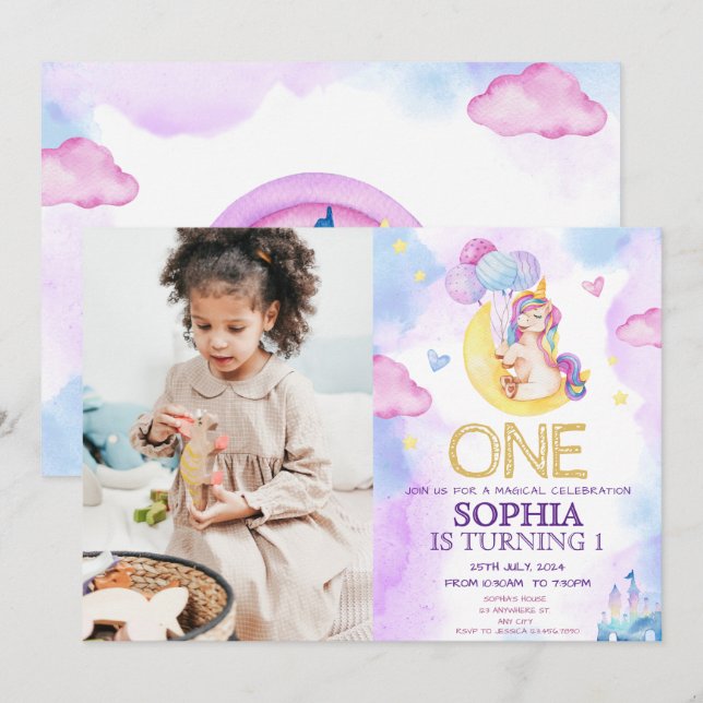 Convites Festa de aniversário de Aquarela Púrpura de Unicór (Frente/Verso)