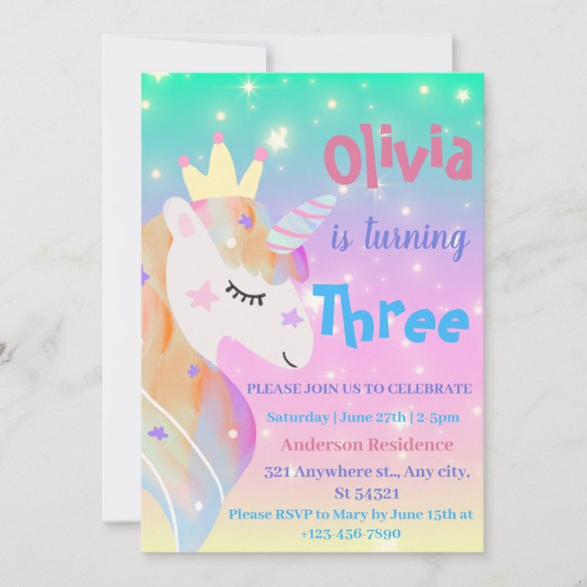 Convites Festa de aniversário de Aquarela Púrpura de Unicór (Frente)