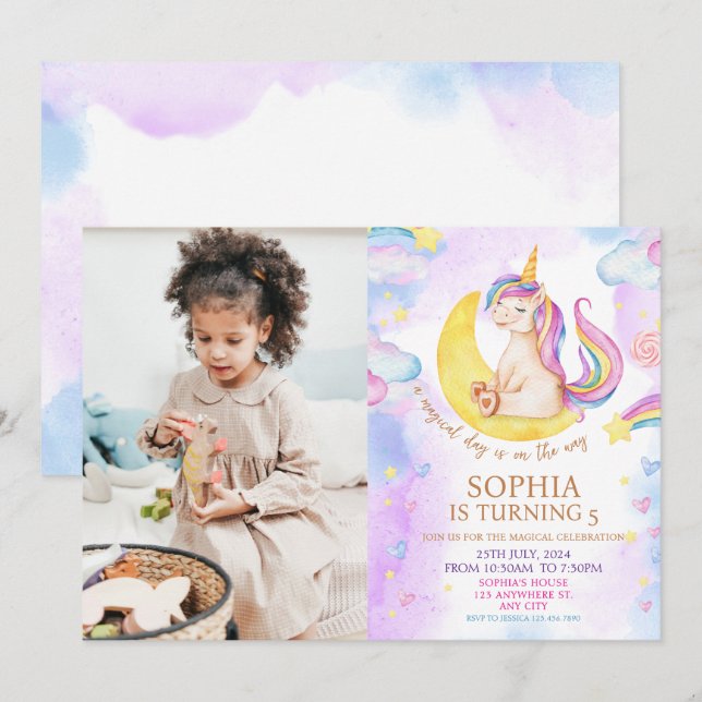 Convites Festa de aniversário de Aquarela Púrpura de Unicór (Frente/Verso)