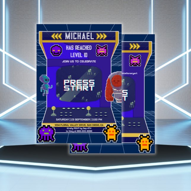 Convites Festa de aniversário de Arcade de Vídeo de Pixels  (Arcade Video Game Birthday Party Invitation)