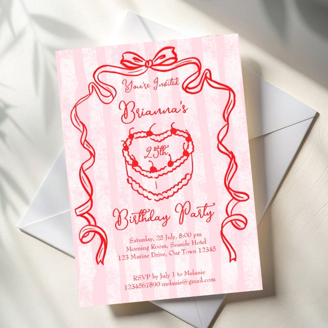 Convites Festa de aniversário de arco de coquetes cor-de-ro (Cherry cake pink bow ribbon handrawn sketch coquette birthday party invitation template)