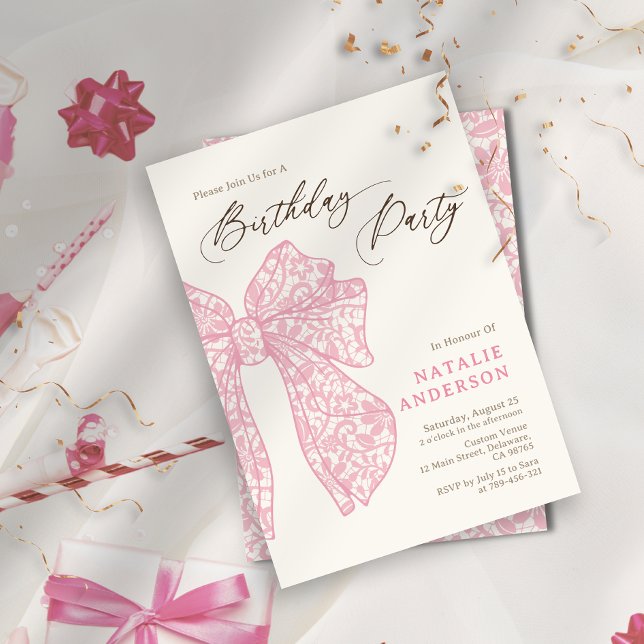 Convites Festa de aniversário de Arco Floral Rosa Girassol (Girly Script Pink Floral Lace Bow Birthday Party Invitation)