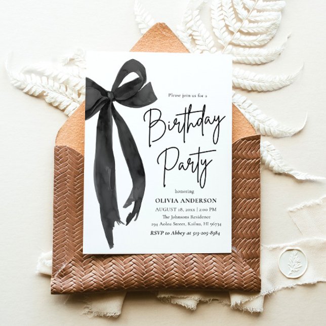 Convites Festa de aniversário de Arco Preto Elegante (Watercolor Modern Elegant Coquette Black Bow Birthday Party Invitation)