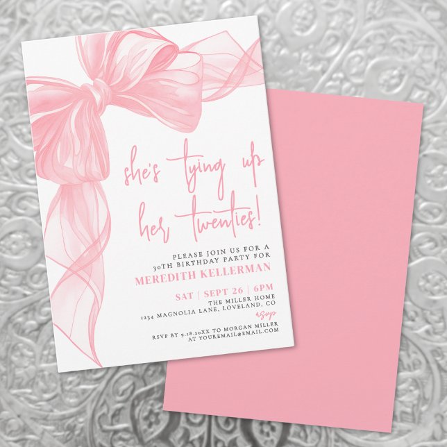 Convites Festa de aniversário de Arco rosa com aquarela ele (Elegant Watercolor Pink Bow Birthday Party Invitation)