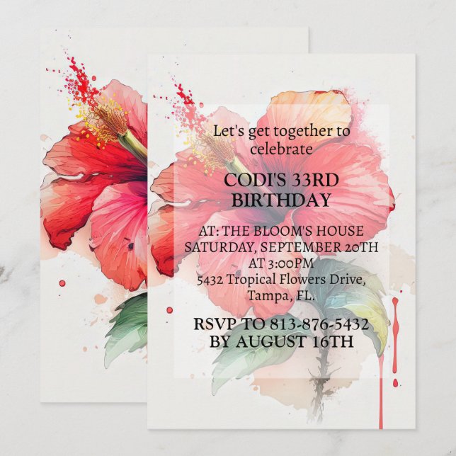 Convites Festa de aniversário de Arte Flor Red Hibiscus (Frente/Verso)