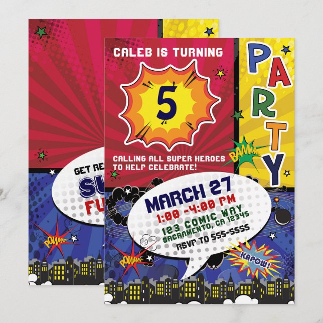 Convites Festa de Aniversário de Arte Pop de Quadrinhos (Frente/Verso)