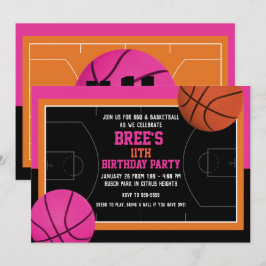 Convites Festa de Aniversário de Basquete Preto Rosa e Lara