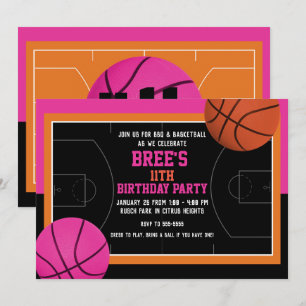 Convites Festa de Aniversário de Basquete Preto Rosa e Lara