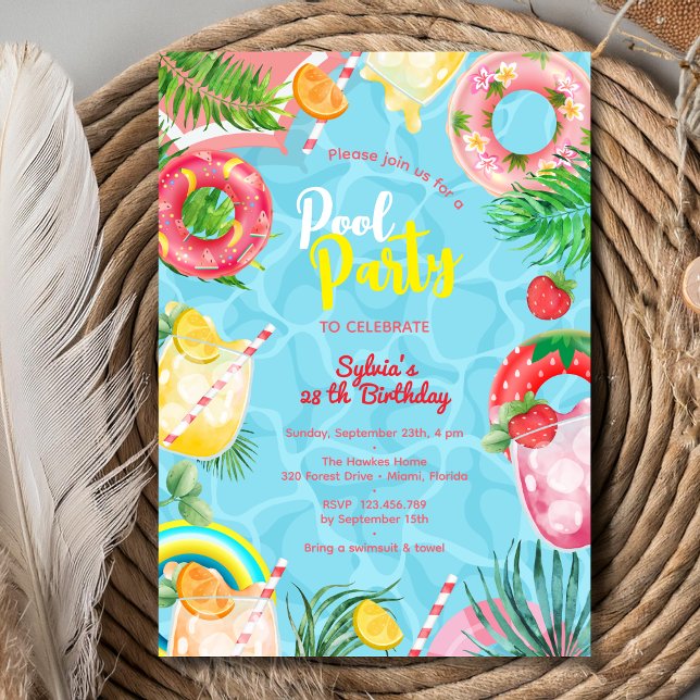 Convites festa de aniversário de bebidas de verão em piscin (Criador carregado)