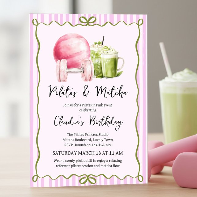 Convites Festa de Aniversário de Bem-Estar Pilates e Matcha (Pilates & Matcha birthday invitation .. pilates in pink celebration .. girly wellness event)