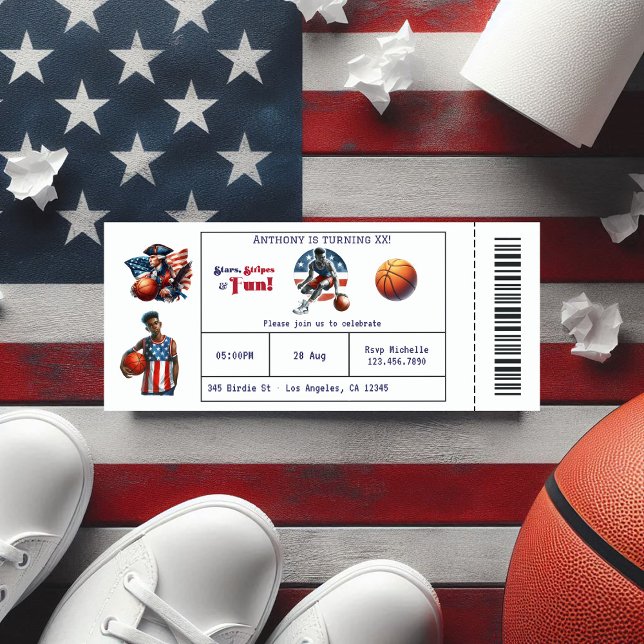 Convites Festa de aniversário de Bilhete de Basquete Patrió (Patriotic USA Basketball Ticket Birthday Party Invitation)