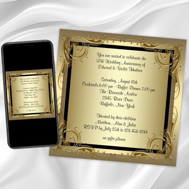 Convites Festa de Aniversário de Bodas de Ouro Elegante Dou (Elegant Gold 50th Wedding Anniversary Party Invitation with gold swirl border. Any event or occasion)