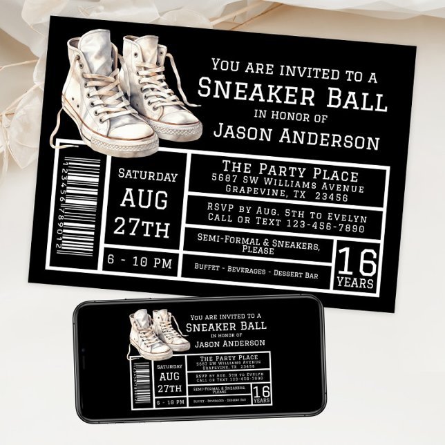 Convites Festa de Aniversário de Bola de Tênis de Menino (Sneaker ball invitation with hightop sneakers shoe box label style. For instant download and print.)
