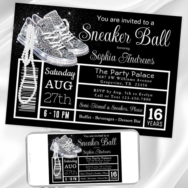 Convites Festa de aniversário de Bola do Espetador de Diama (Chucks and pearls any event sneaker invitation. Instant download and printed invitations available.)