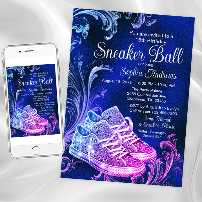 Convites Festa de aniversário de Bola do Sneaker Azul Roxo (Purple blue sneaker ball invitation. Instant download and printed invitations available.)