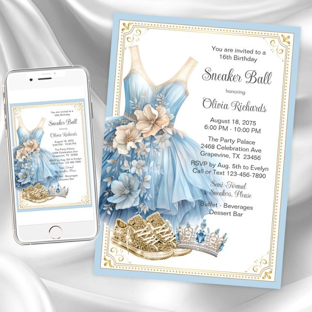 Convites Festa de aniversário de Bola Dourada de Criador Az (Baby blue gold sneaker ball invitation. Instant download and printed invitations available.)