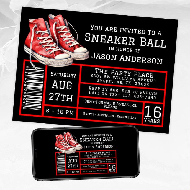 Convites Festa de aniversário de Bola Negra Negra (Red black sneaker ball invitation with red sneakers. Available for instant download and print.)