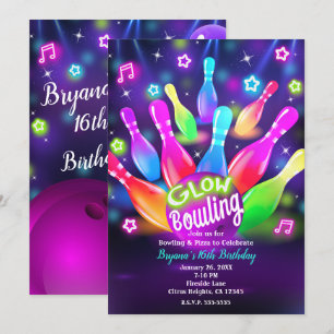 Convites Festa de Aniversário de Boliche Brilhante no Escur