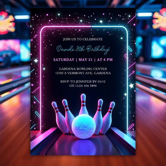 Convites Festa de aniversário de Boliche Neon legal (Cool Neon Glow Bowling Birthday Party Invitation)