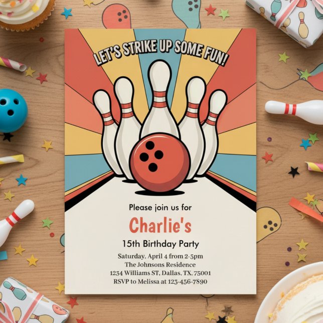 Convites Festa de Aniversário de Boliche para Crianças Retr (Criador carregado)