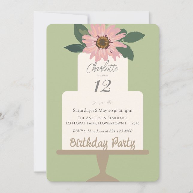 Convites Festa de aniversário de Bolo Floral Rosa (Frente)