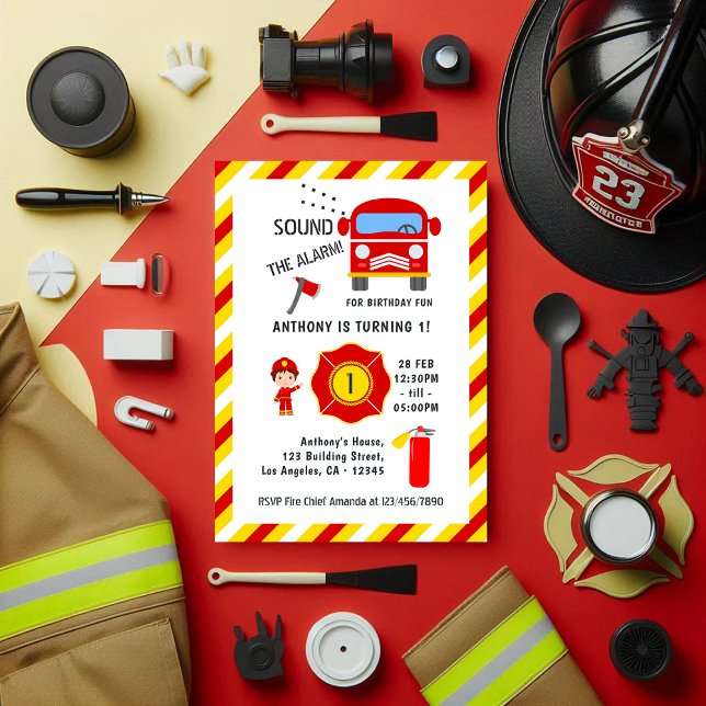 Convites Festa de aniversário de Bombeiros (Firefighter Fire Truck Birthday Party Invitation)
