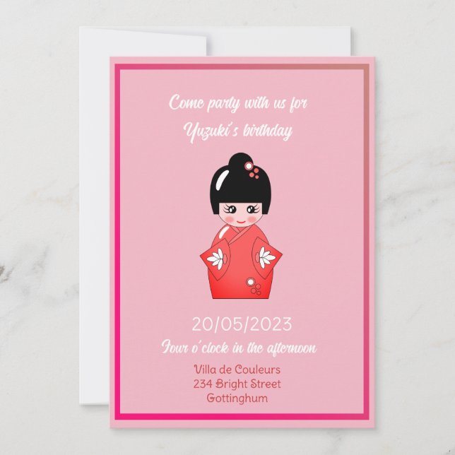 Convites Festa de aniversário de boneca japonesa n.o3 (Frente)