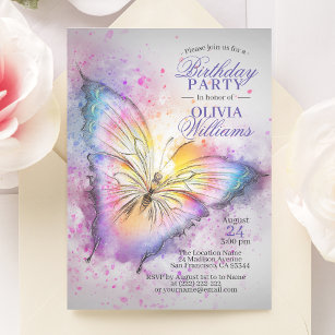 Convites Festa de aniversário de borboleta de cor aquosa br