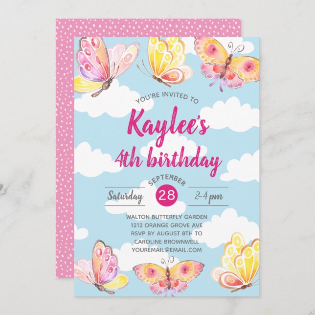 Convites Festa de aniversário de borboletas rosa para rapar (Frente/Verso)