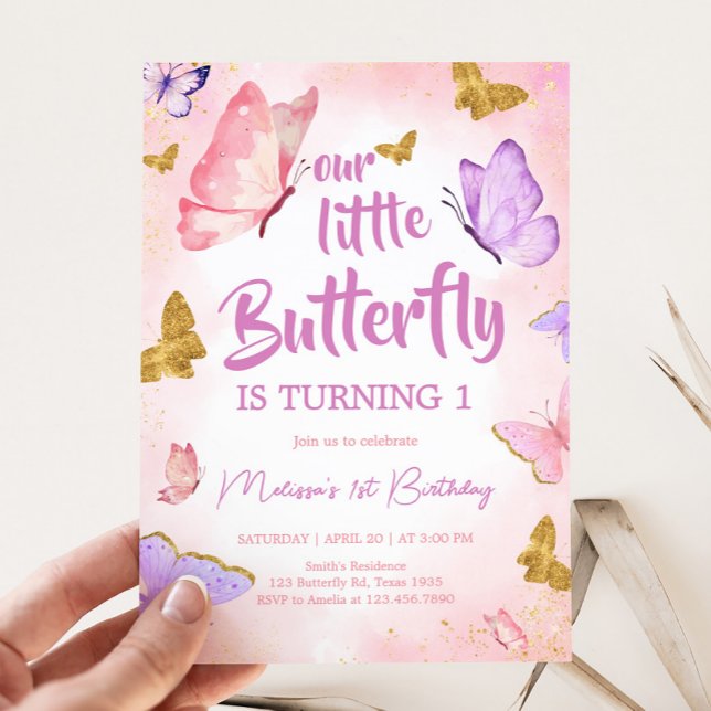 Convites Festa de aniversário de borboletas roxa rosa (Pink Purple Whimsical Little Butterfly Birthday Party Invitation)