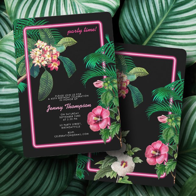Convites Festa de aniversário de Botânica Tropical Neon Pin (Neon Pink Tropical Botanicals Birthday Party Invitation)