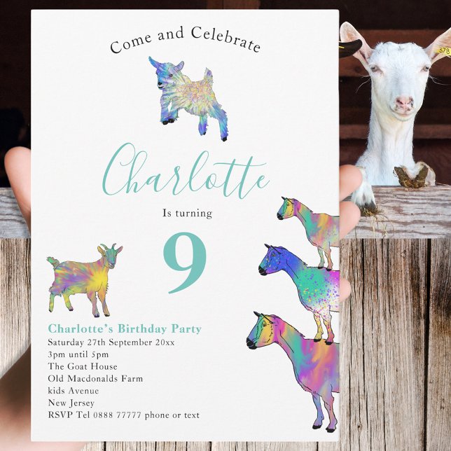 Convites Festa de Aniversário de Cabra para Amantes de Anim (Cute goats colorful farm animals 9th birthday party invitation )