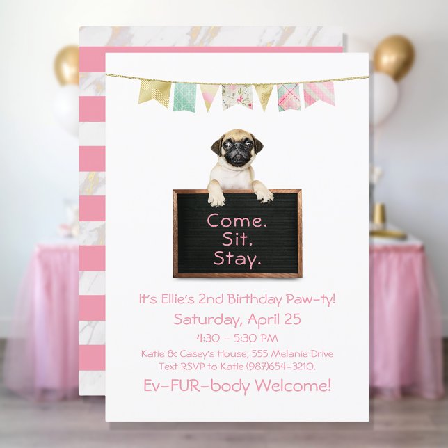 Convites Festa de Aniversário de Cachorro para Pug Menina (Criador carregado)