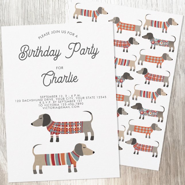 Convites Festa de aniversário de cães de salsicha Dachshund (Fun Dachshund Wiener Sausage Dog personalized birthday party invitation with custom text)