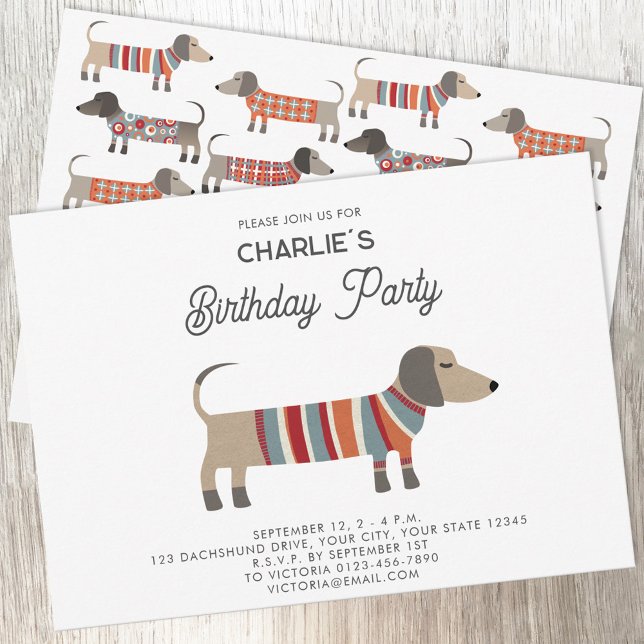 Convites Festa de aniversário de cães de salsicha Dachshund (Fun Dachshund Wiener Sausage Dog personalized custom text birthday party invitation)