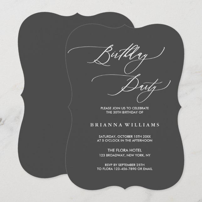 Convites Festa de aniversário de caligrafia simples e elega (Frente/Verso)