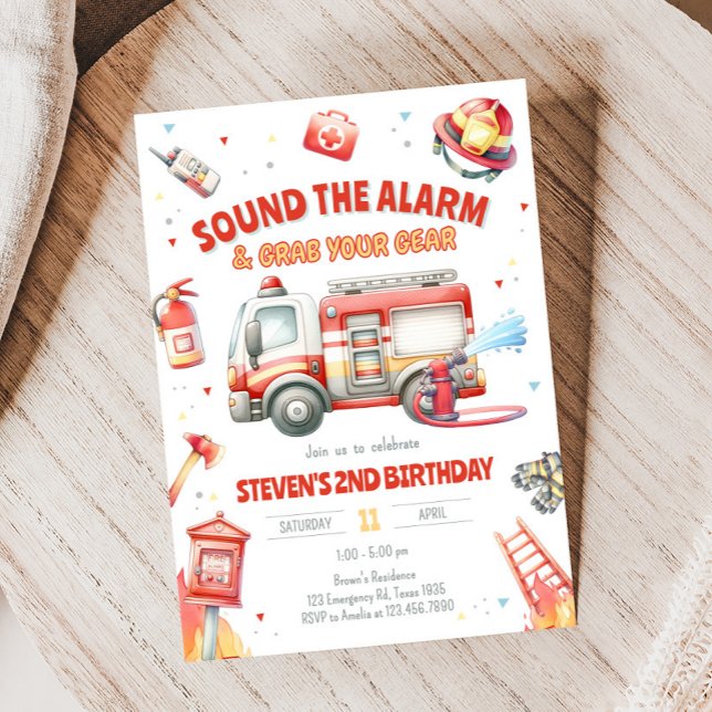 Convites Festa de Aniversário de Caminhão de Bombeiros  (Fire Truck Birthday Party Invitation)