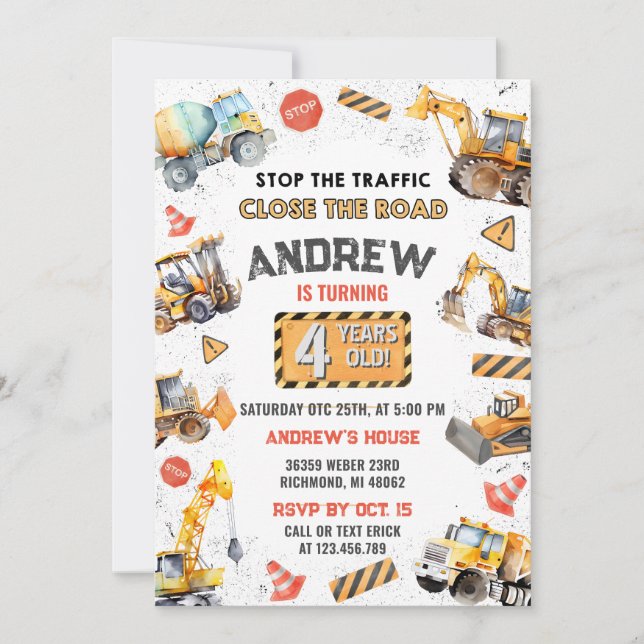 Convites Festa de aniversário de Caminhão de Despejo de Con (Frente)