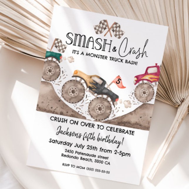 Convites Festa de aniversário de caminhão monstro de QUALQU (Smash and Crash Monster truck any age birthday invitation)